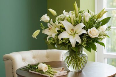 Bouquet di gigli e rose bianche