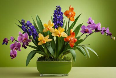 centrotavola di orchidee, tulipani e iris