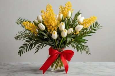 Mazzo di tulipani bianchi e mimosa